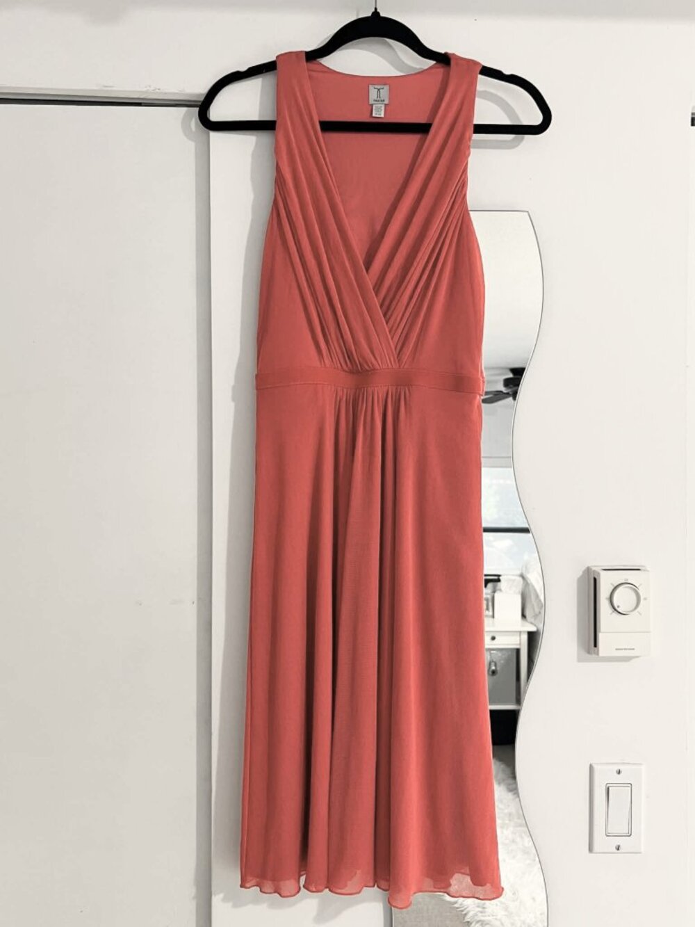 Flowy, mid-length coral dress with gauzy mesh overlay, XS